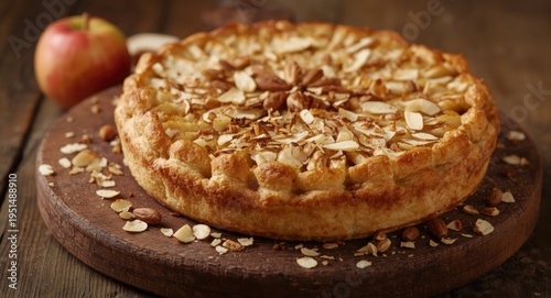 Rustic wooden board with a creamy apple pie adorned with almond flakes in a close detailed shot