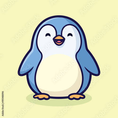 Vector illustration of cute cartoon penguin standing on green background with happy expression