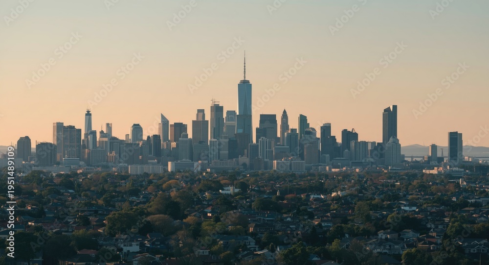 Obraz premium Flat art city skyline showing skyscrapers and residential homes