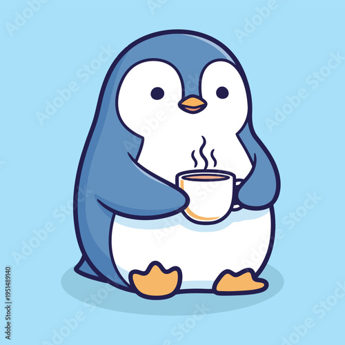 Vector illustration of a cute cartoon penguin holding a steaming cup of coffee or tea in its flippers on a light blue background