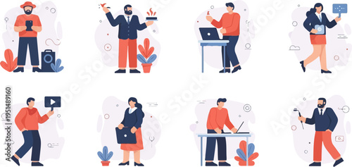 Diverse cartoon characters in everyday work and leisure scenarios