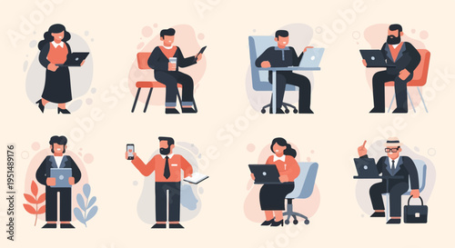 Diverse professionals using laptops and phones in a minimalist office setting