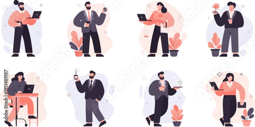 Diverse individuals engaged in office tasks, plants, and refreshments