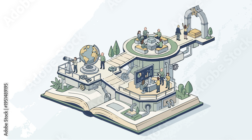 Illustration of a modern open-concept office space with teamwork, technology, and collaboration on multiple levels, emphasizing innovative work environments