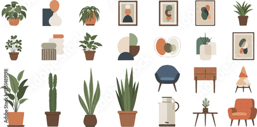 Diverse collection of potted plants, abstract art, and furniture