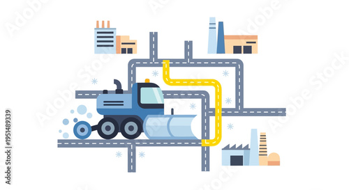 Industrial Snow Removal: Snowplow Clears Roads Amidst Factories - Winter Urban Infrastructure Services Vector