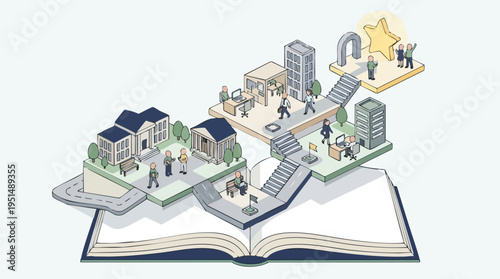 Illustration of a multi-level open book transforming into a modern cityscape with buildings, people working and socializing, symbolizing knowledge and urban development