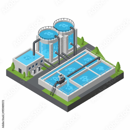Isometric Water Treatment Plant with Tanks and Filtration Basins.