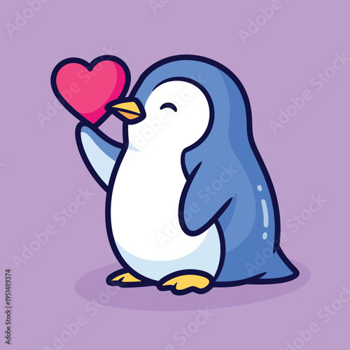 Vector illustration of cute cartoon penguin holding a pink heart on purple background with a cheerful expression