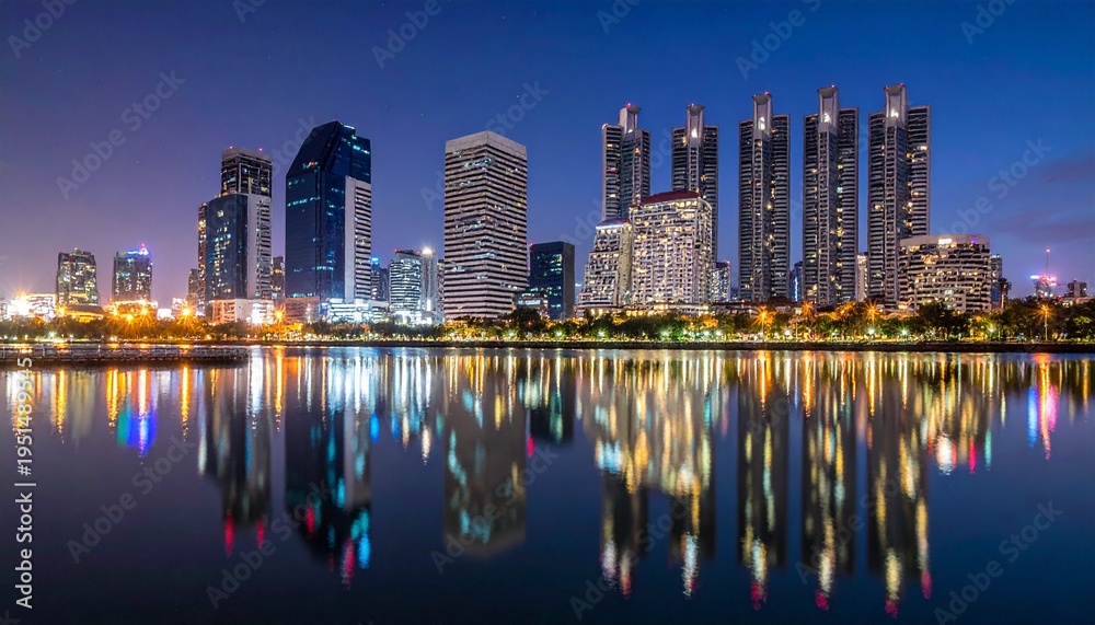 Fototapeta premium Modern city skyline with sleek skyscrapers and vibrant night reflections on calm lake water