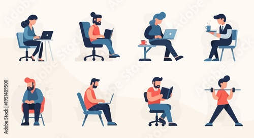 Diverse group of people engaged in various activities at home or office desks