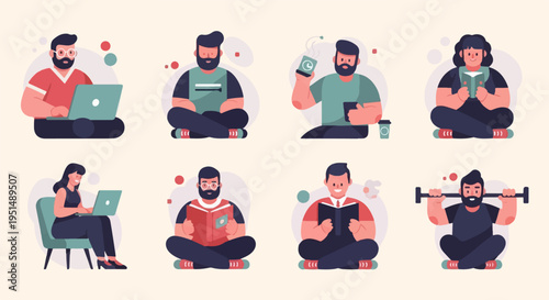 Flat vector illustrations of diverse people engaged in various activities