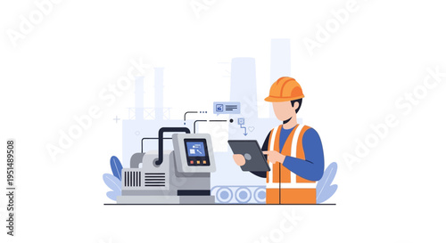 Engineer Monitoring Industrial Automation & Smart Factory Production with Tablet. Industry 4.0, Manufacturing Control, Digital Operations Concept