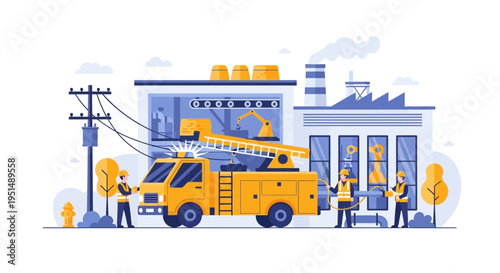 Industrial Maintenance & Utility Crew Working on Factory and Electrical Infrastructure. Repair, Service, and Skilled Labor Concept.