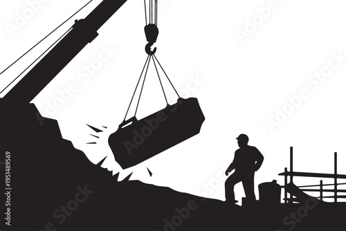 Silhouette of construction worker watching heavy being lifted by crane