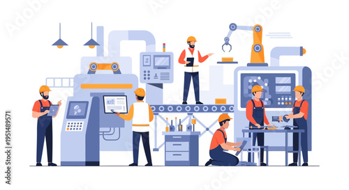 Industrial Automation & Manufacturing: Smart Factory Production Line with Engineers and Workers Operating Robotics for Efficient Modern Technology and Teamwork