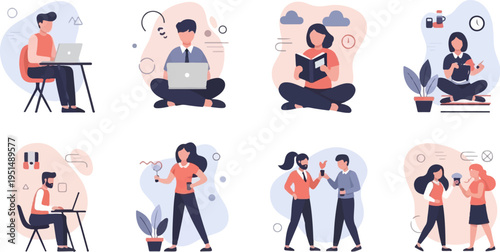 Diverse individuals engaged in various activities like working, reading, and conversing