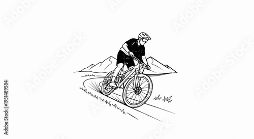 Man riding a mountain bike on a dirt path through a mountainous landscape