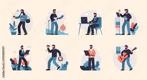 Men engaged in various activities working, playing guitar, holding drinks