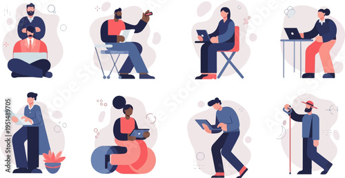 Diverse individuals engaged in various remote work, study, and outdoor activities