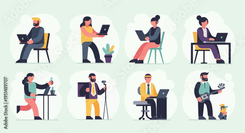 Diverse individuals engaged in various modern activities, working and creating