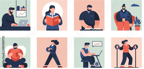 Collection of diverse individuals engaged in various activities, including work, reading, and fitness