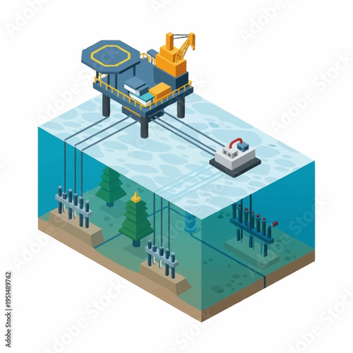 Isometric Offshore Oil Rig and Subsea Production System.