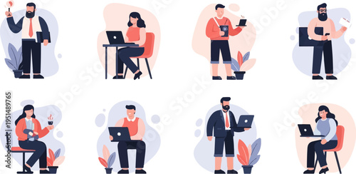 Diverse individuals engaged in work and leisure activities with beverages