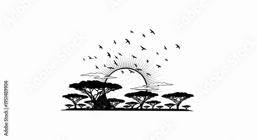 African savanna scene with acacia trees, sun, and birds in flight