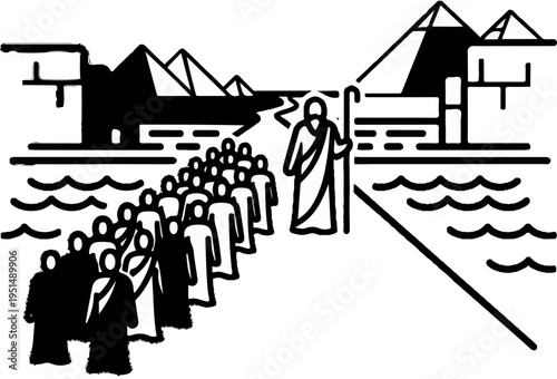 Ancient people follow a robed leader with a staff across parting water