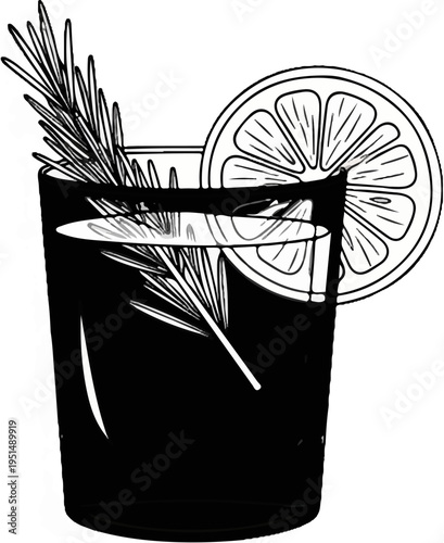 A refreshing dark drink with a garnish of rosemary and lemon slice