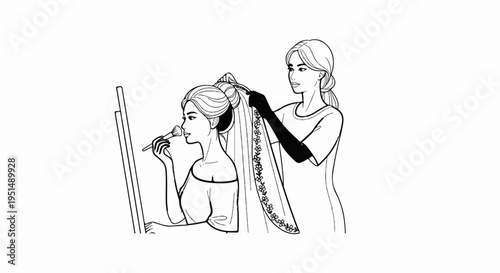 A person applies makeup while another secures a decorative veil