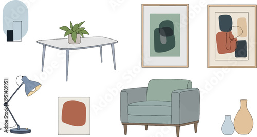 A minimalist interior scene with abstract art, a chair, and decor