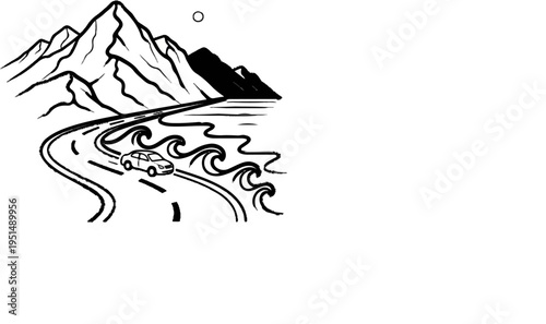 A lone car navigates a winding road near mountains and waves