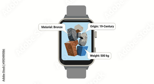 Smartwatch displaying historical artifacts with material, origin, and weight information labels