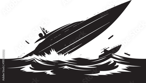 Sinking black silhouette of submarine in ocean waves