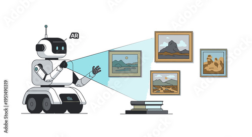 Artificial Intelligence Robot Interacting with Holographic Art Gallery Display, Exploring Digital Landscapes and Future of Art Curation