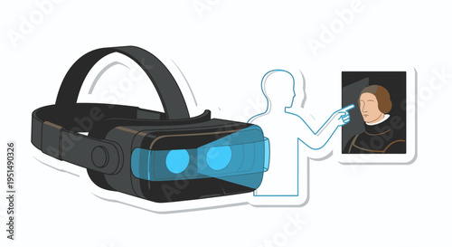 VR headset depicting an immersive art experience, with a user interacting with a historical portrait painting, merging technology with cultural education.