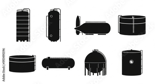 Silhouette Collection of Industrial Storage Tanks for Various Liquids.