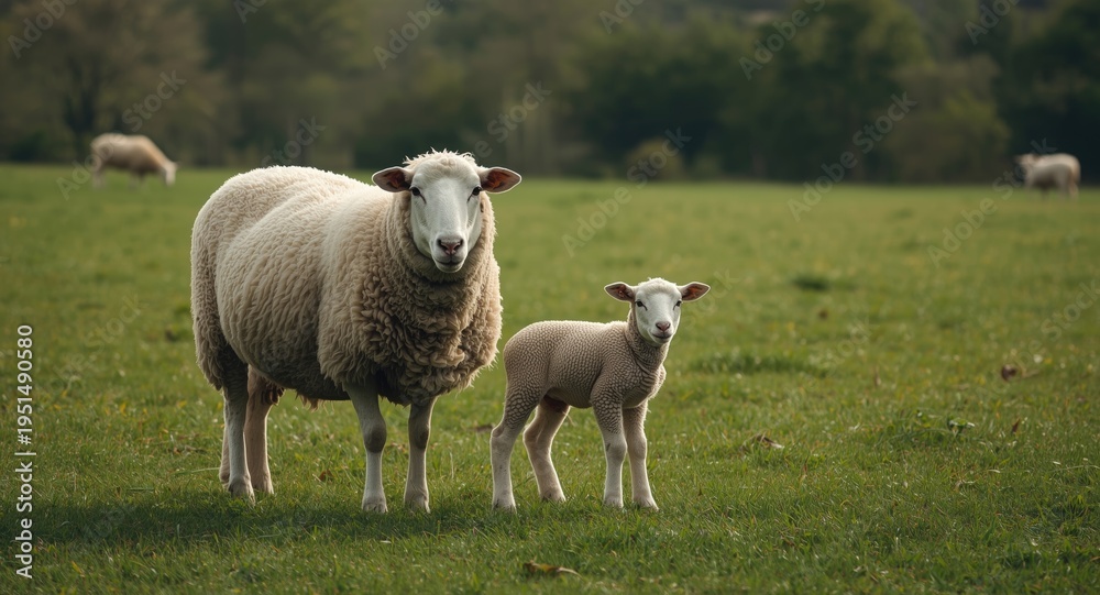 Fototapeta premium Peaceful farm scene with wool sheep and lambs on green grass