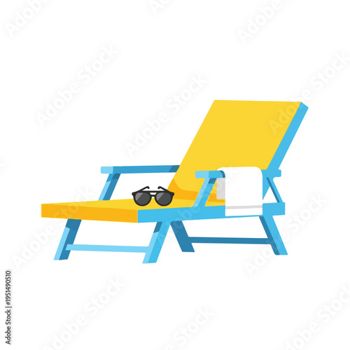 Illustration of a yellow beach chair with blue frame and sunglasses on the seat against a white background.