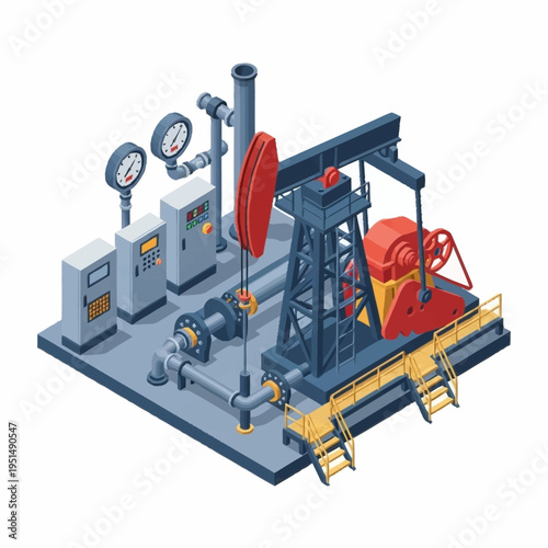 Isometric Oil Pump Jack and Industrial Equipment for Petroleum Extraction.