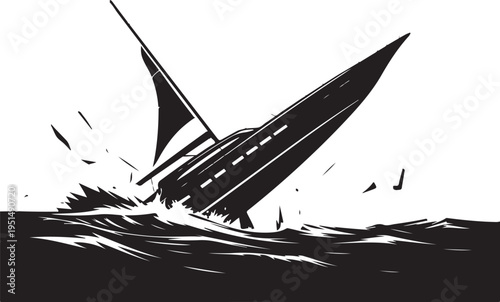 Sinking sailboat in stormy sea waves crashing