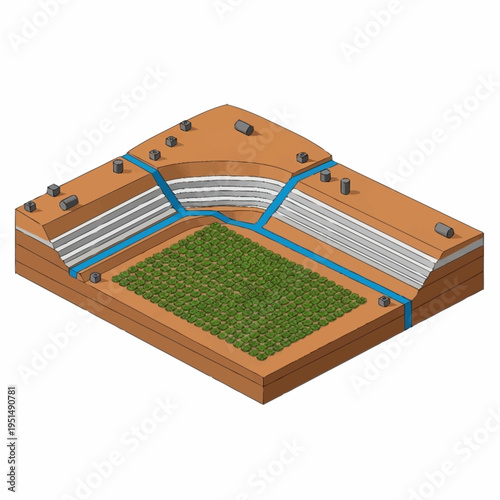 Isometric Cross-Sectional View of a Landfill Design with Drainage System.