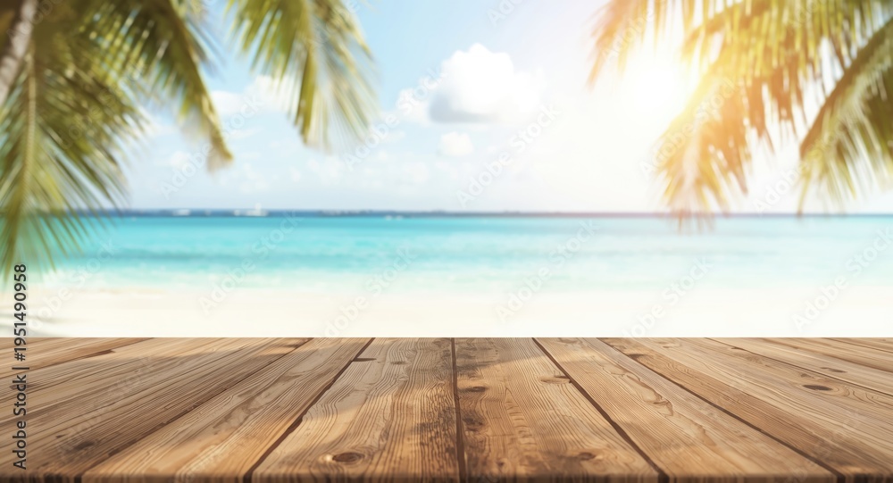 Fototapeta premium Hazy summer backdrop with an empty wooden table and palm fronds by the beach