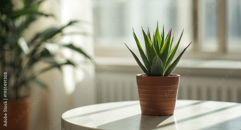 Fototapeta premium Small potted Agave American Century Plant on a simple table in a room filled with natural light