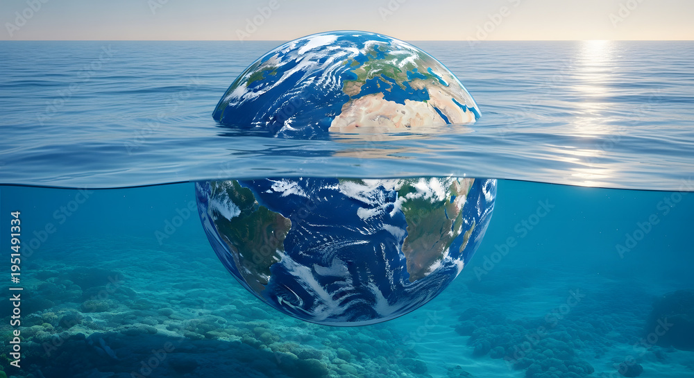 Fototapeta premium Earth Day Climate Change Concept with Half Submerged Planet Earth in Ocean Water, Global Warming, Rising Sea Levels, Environmental Crisis, Marine Conservation and Sustainability Awareness