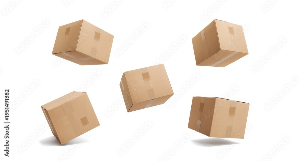 Fototapeta premium five floating sealed rectangular cardboard boxes isolated on white