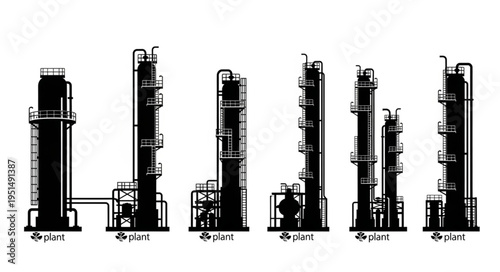 Silhouette of Industrial Distillation Columns for Chemical Processing.