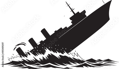 Sinking ship in stormy sea with waves boat vessel